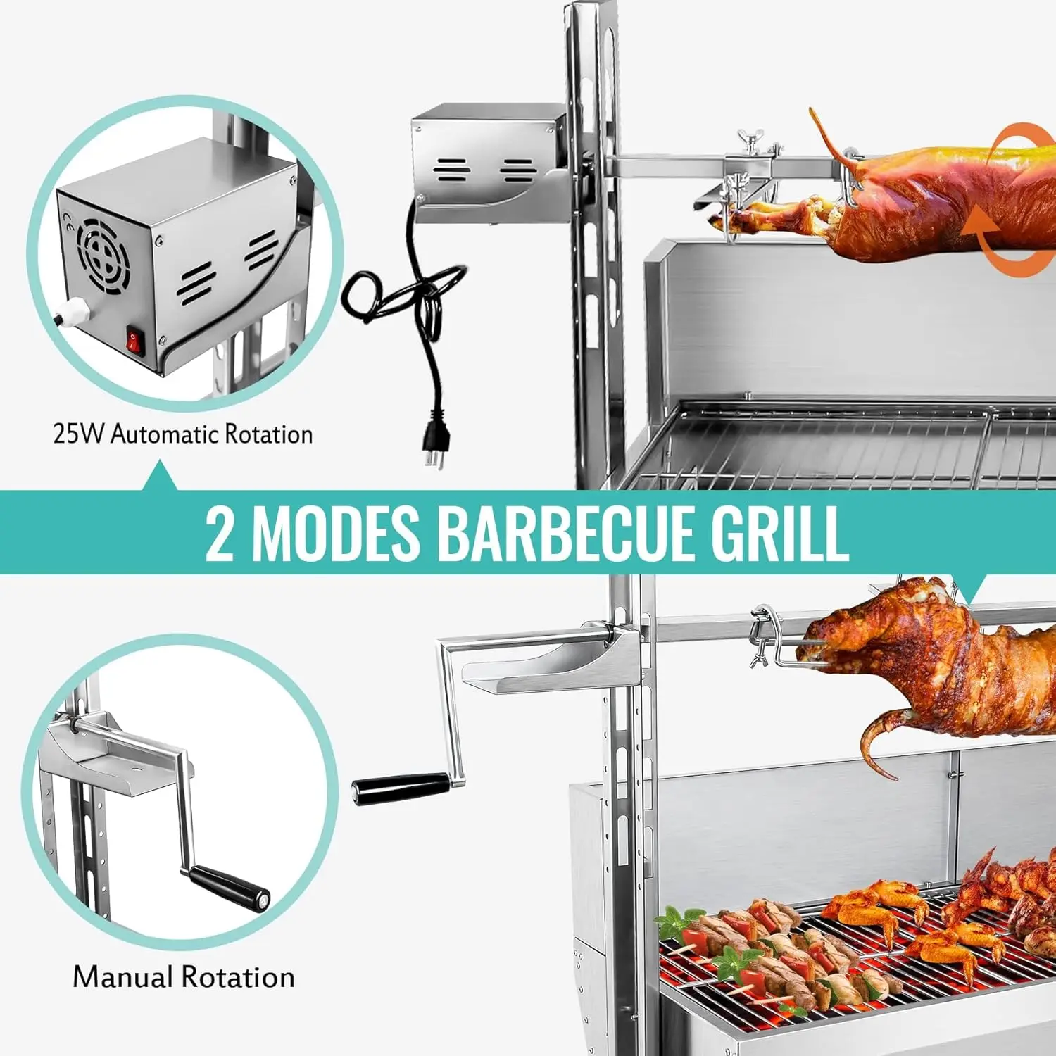Steel Rotisserie Grill with Wind Deflector, 25W Motor Small Pig Whole Lamb Rotisserie Roaster, 80kg BBQ Charcoal Rotis
