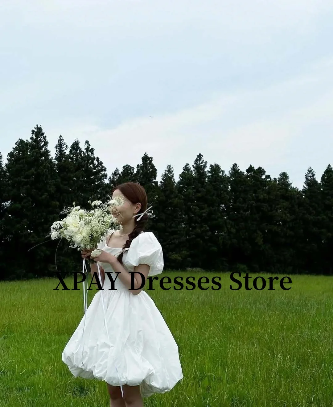 XPAY Puff Short Sleeves A Line Mini Wedding Party Dresses Square Neck Taffeta Bride Gowns Corset Back Customized 3