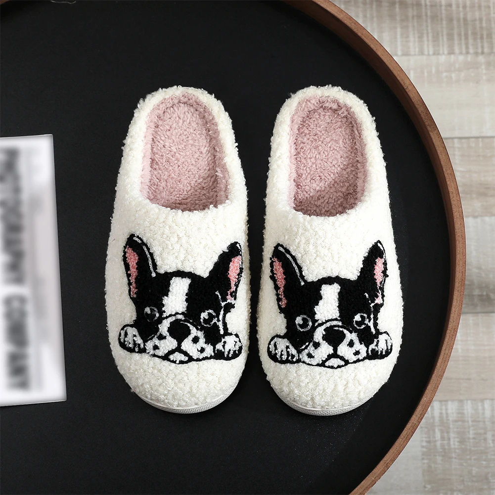 Plush Bulldog Slippers Kawaii Furry Slippers Non-Slip Soft Cloud Slippers Comfortable Warm Couple Slippers for Bedroom Indoor