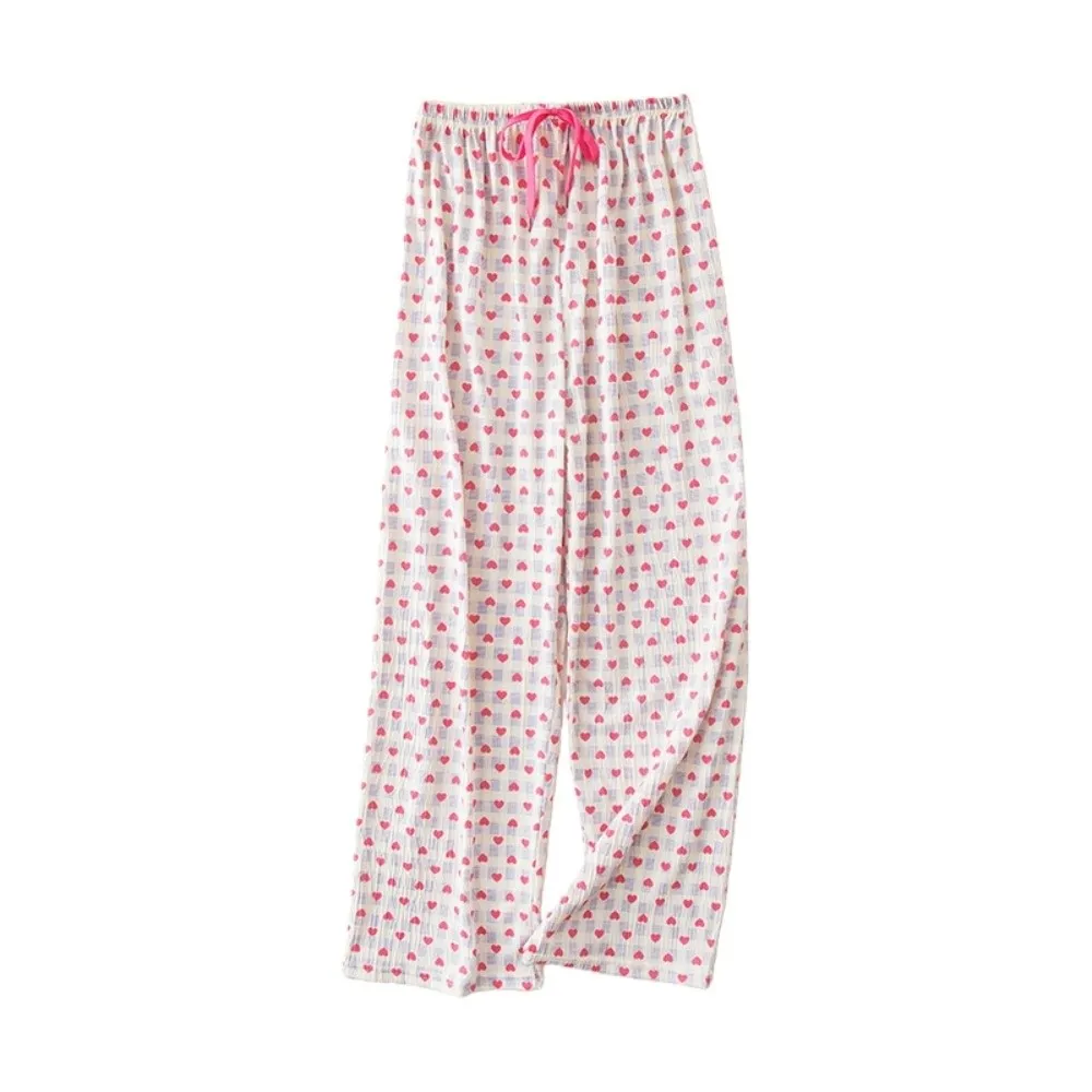 Sweet Korean Style Plaid Heart Long Pants Comfortable Soft Loose Trousers Colorful Draped Design Drawstring Pants Office Casual