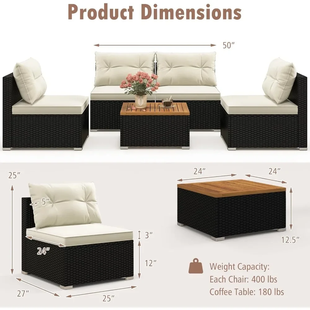 5 Piece Rattan Sofa Set, Patiojoy Outdoor Wicker Furniture Set with Seat & Back Cushions, Square Coffee Table, Garden Sofa Set 5