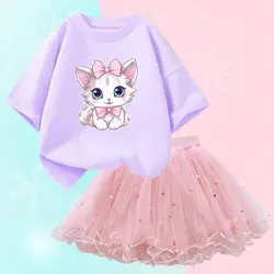 Adorable Summer Girls' Cartoon Cat T-Shirt & Tutu Skirt Set - 14T (Purple and Pink)