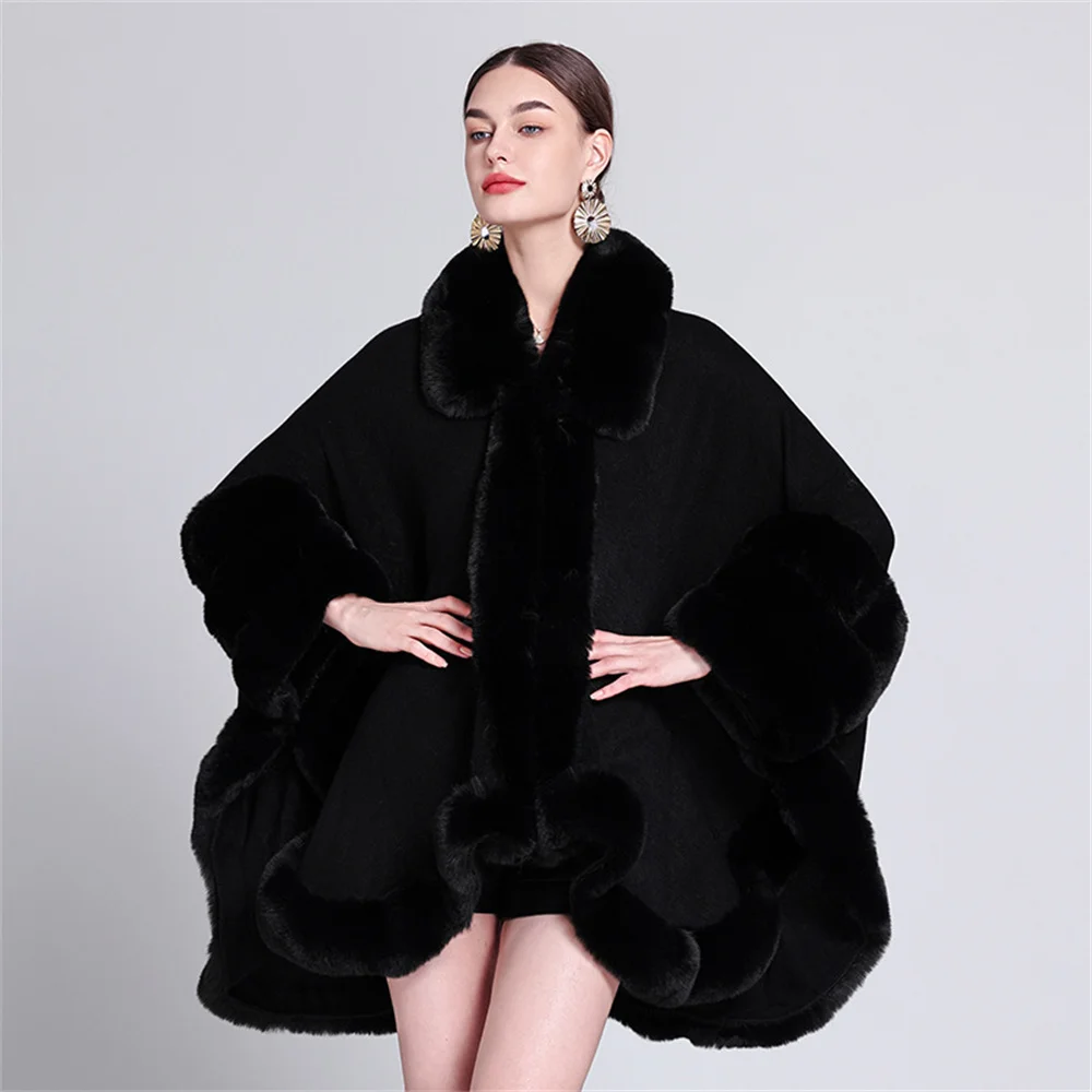 8 Colors Autumn Winter Three Circles Faux Fur Poncho Cloak Turn-down Neck Big Pendulum Loose Cape Out Streetwear Long Coat