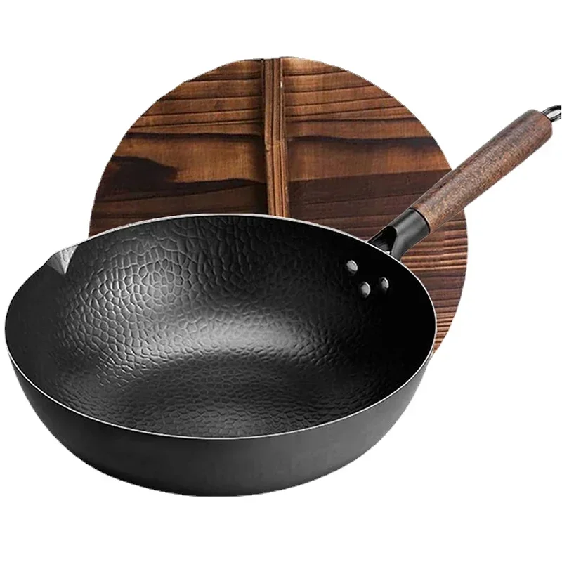 12.5 "Tradizionale Ferro Wok In Acciaio Al Carbonio Wok Pan Antiaderente Cucina Cookwar Wok E Padelle In Padella Con Coperchio Per Tutte Le Stufe