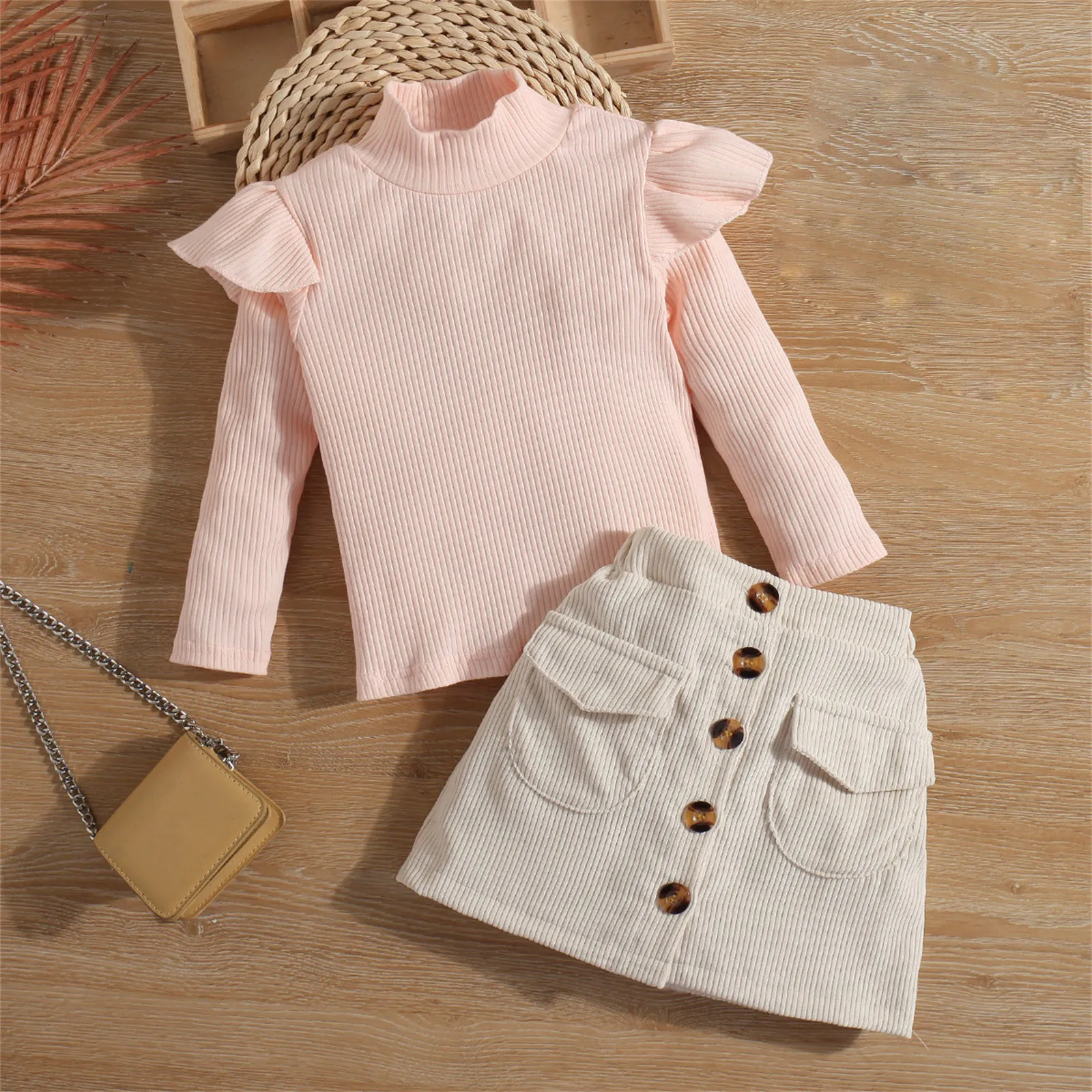 Newborn Infant Baby Girls Cotton Autumn Long Sleeve Pullover Ribbed Ruffle Tops Skirts Set Headband Set Girl Clothes 1 Year Girl