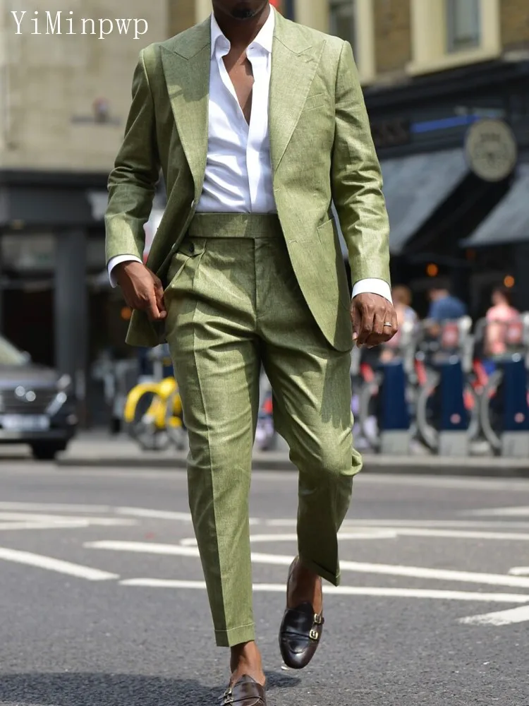 Summer Army Green Men Suits 2 Pieces Peaked Lapel Wedding Travel Daily Casual Suit Blazer Sets Costume Homme Jacket+Pants