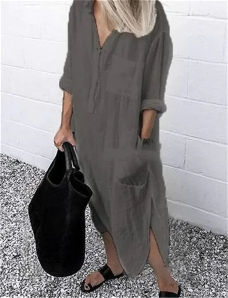 Women Dress Summer Shirt Long Dress Women Casual Long Sleeve Side Split Button Dresses Female Elegant Solid Color Pocket Loose Dresses