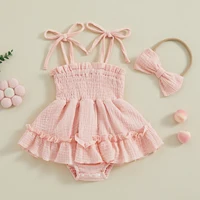 Toddler Baby Girls Summer Romper Dress Casual Sleeveless Shoulder Strap Bodysuits with Hairband Children 0-18 Months Outfits 2