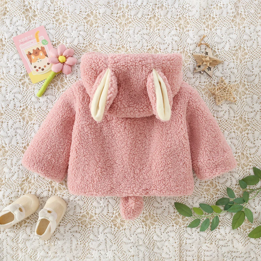 Winter New Plush Thick Coat Hooded Rabbit Ears For Boys And Girls Lamb Fleece Warm Solid Color Top