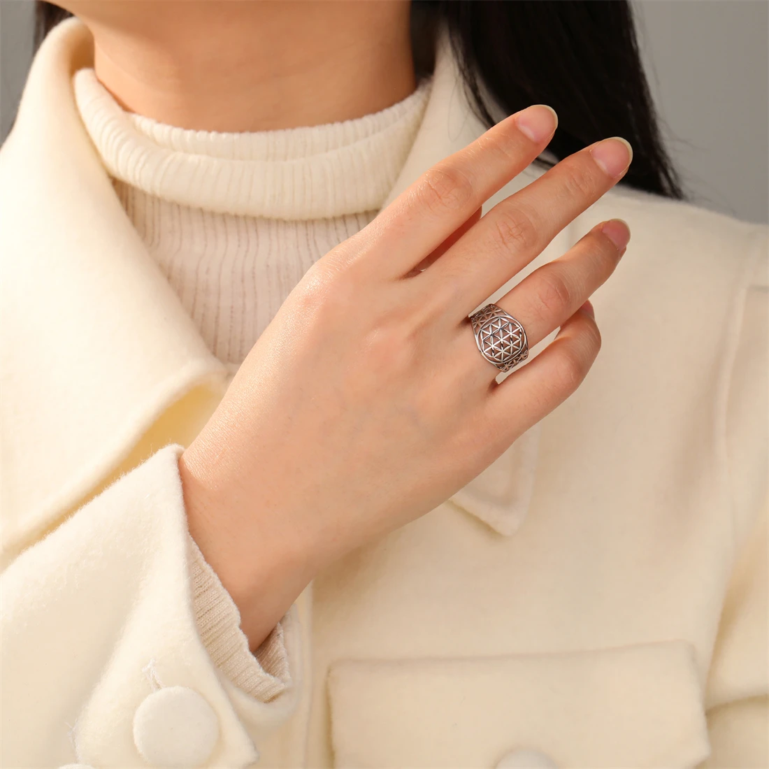 EUEAVAN Flower of Life Rings Stainless Steel Hollow Sacred Mandala Ring for Women Men Spiritual Jewelry Gift 6