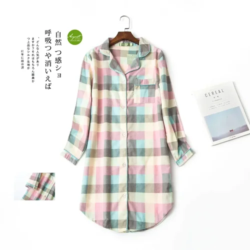 플란넬 코튼 홈 Nightdress 카디건 셔츠 나이트 드레스 귀여운 만화 격자 무늬 디자인 Sleepwear Fashion Sleeping Shirt Woman 4