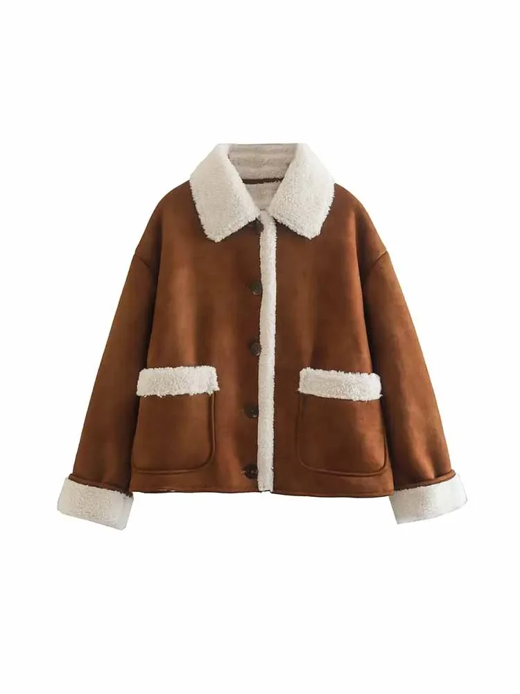 

Women Fashion Patch pocket decoration Warm Frosted plush two-sided Jacket Coat Long Sleeve Button-up Female Outerwear Chic Tops