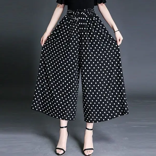 Summer New Fashion Simple Elegant High Waist Chiffon Wide Leg Pants Women Print Polka Dot Loose Casual Straight Trousers 2024