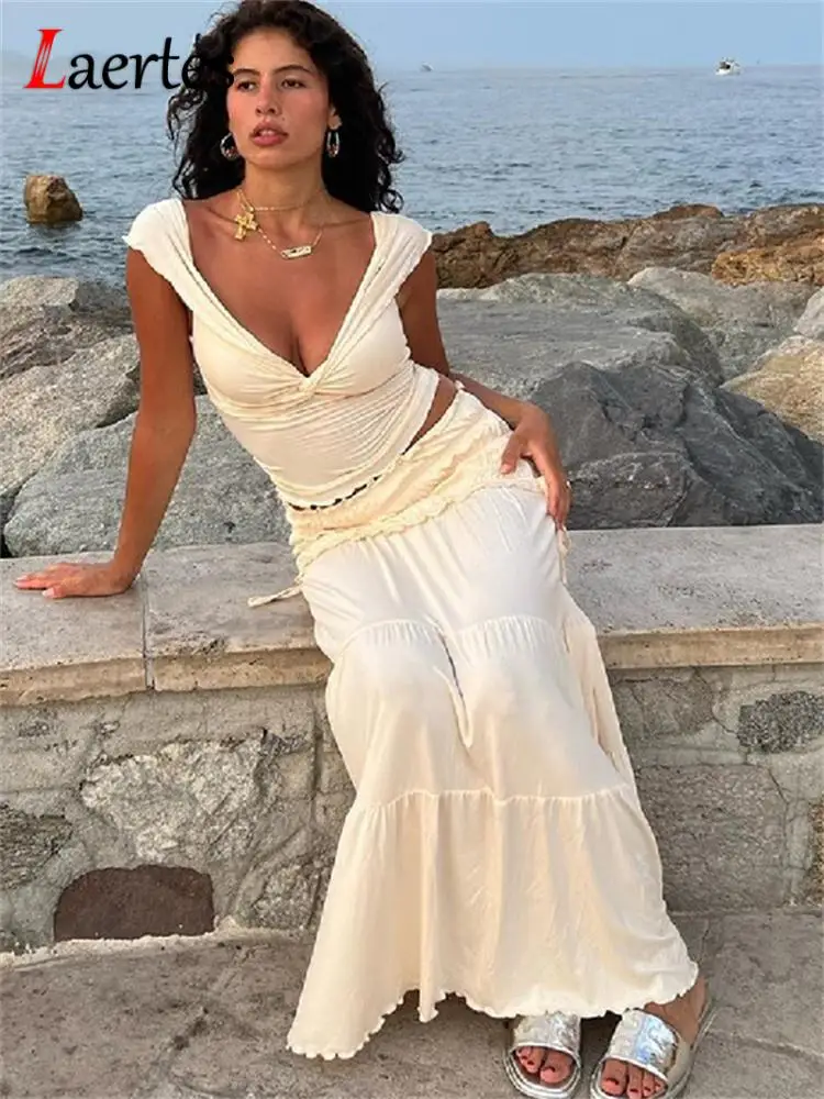 

Laertes сексуальные праздничные костюмы Y2K, летние женские юбки Co Ord, комплект из 2 предметов, топ с глубоким вырезом и юбка макси А-силуэта, подходящие комплекты