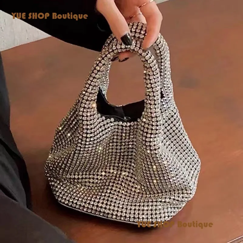 

New High Customized Designer Crystal Encrusted Dinner Bucket Handbag Hot Rhinestone Chain Bag Tote Crossbody Bag