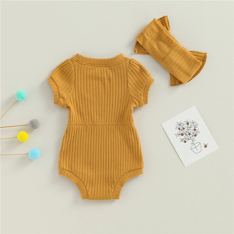 Summer Infant Baby Girls Romper Cotton Baby Jumpsuit Solid Color Short Sleeve Playsuit with Bow Headband Toddler Clothes baby clothing,baby jumpsuit,baby rompers,cotton jumpsuit