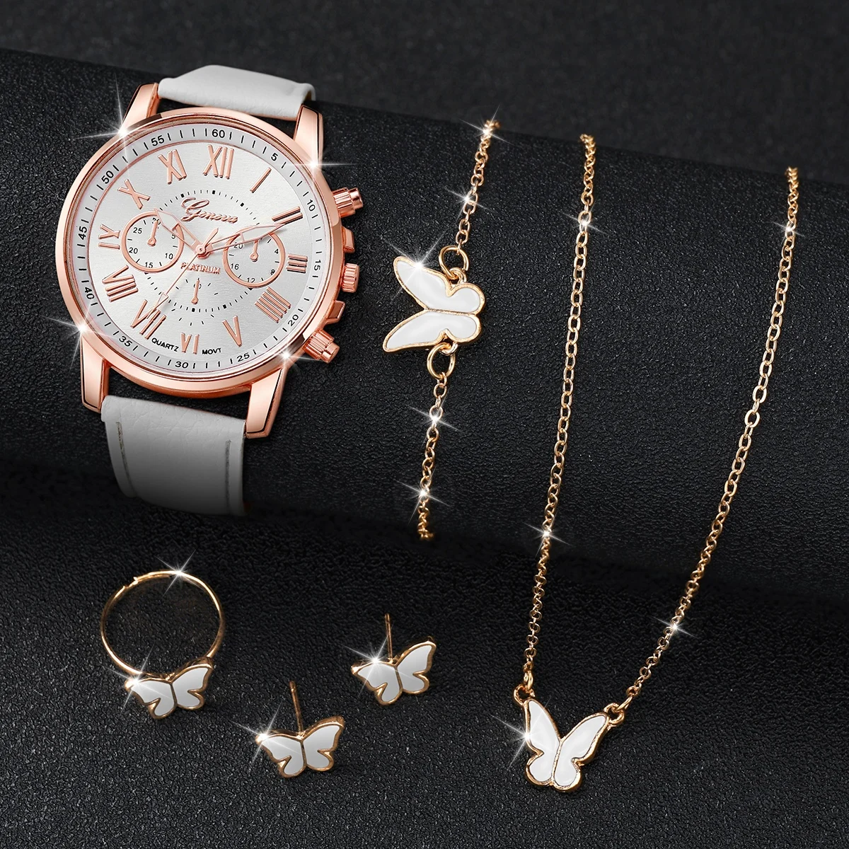 5PCS/Set Geneva Women Watches Fashion Leather Band Quartz Wrist Watch Butterfly Jewelry Set（Without Box） 3