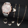 5PCS/Set Geneva Women Watches Fashion Leather Band Quartz Wrist Watch Butterfly Jewelry Set（Without Box） 3