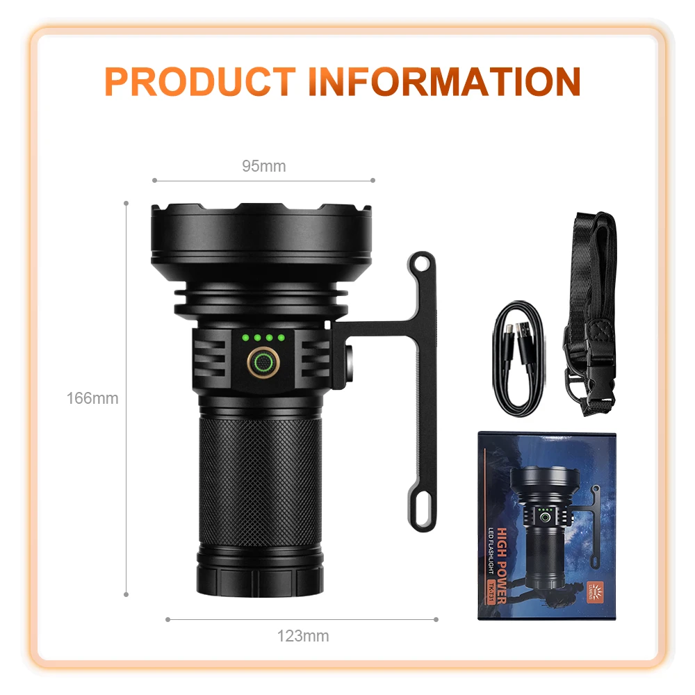 Hochleistungs-LED-Taschenlampe, 10.000 Lumen, ultraheller Suchscheinwerfer, wiederaufladbar über USB, Dual-Lichtquelle, Handlaterne, Outdoor-Camping