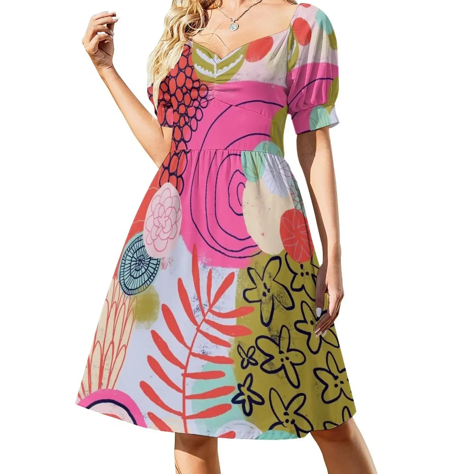 thumbnail image 1 of Vestido de manga corta con estampado de jardín de arrecife rosa, vestidos de fiesta, vestidos de mujer, vestidos de noche para mujer, ropa, 1 of 8