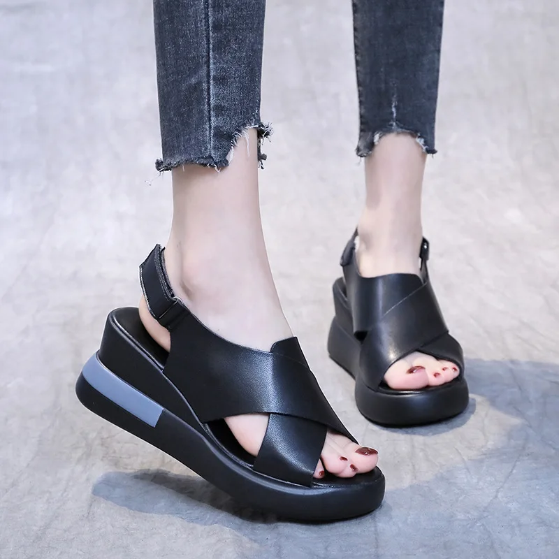 Sandálias plataforma elegantes para mulheres, fivela cunha
