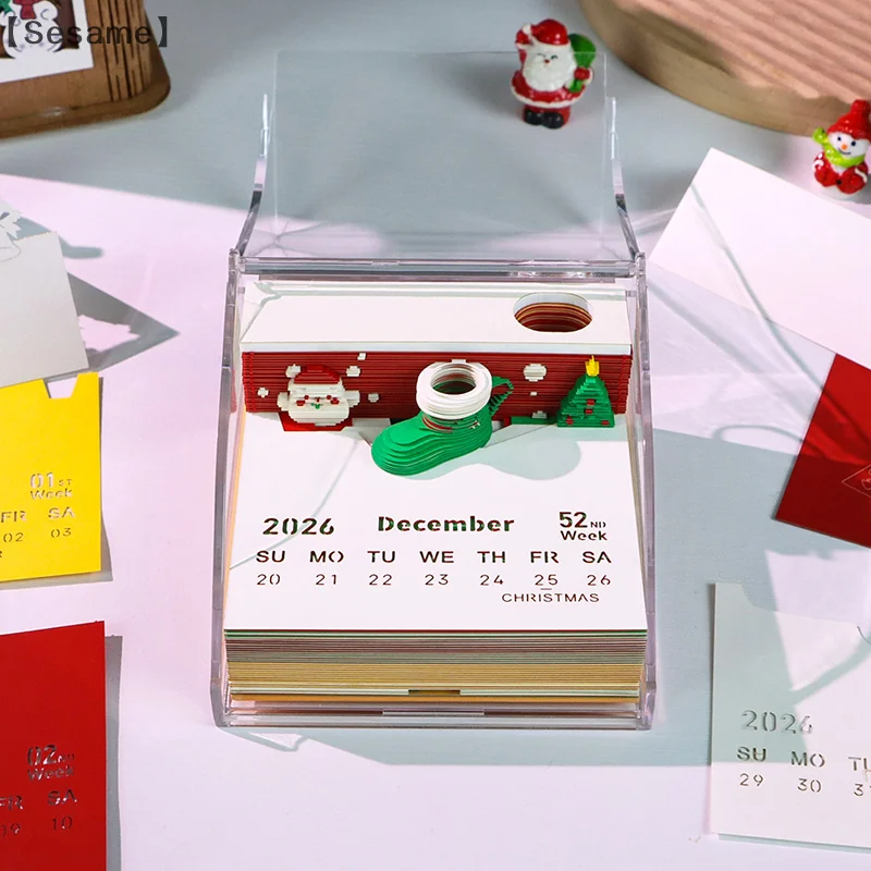 2026년 LED 조명 3D 티어어웨이 캘린더 종이 조각 아트 메모 패드 메모장 선물 크리스마스 타임피스 캘린더
