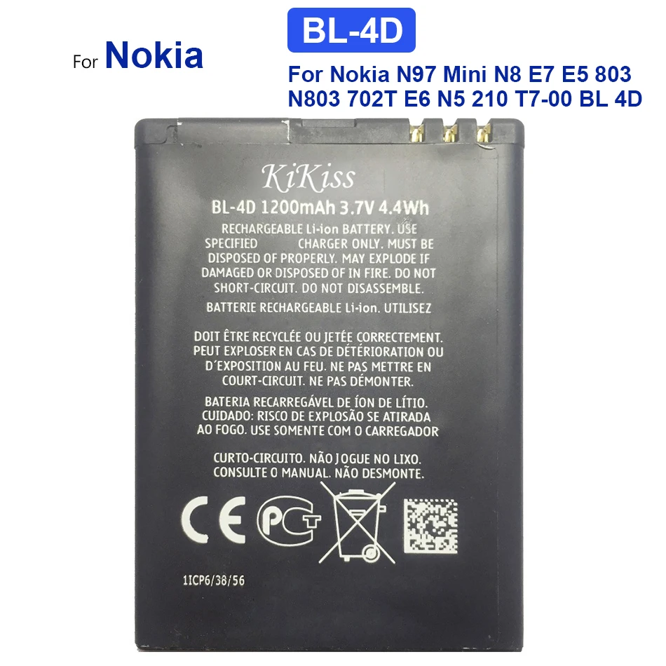 Batteria Sostitutiva Per Telefono Cellulare Per Nokia, Bl-4D, 1200Mah, N97 Mini, N8, E7, E5, 803, N803, 702T, E6, N5, 210, T7-00, Bl 4D