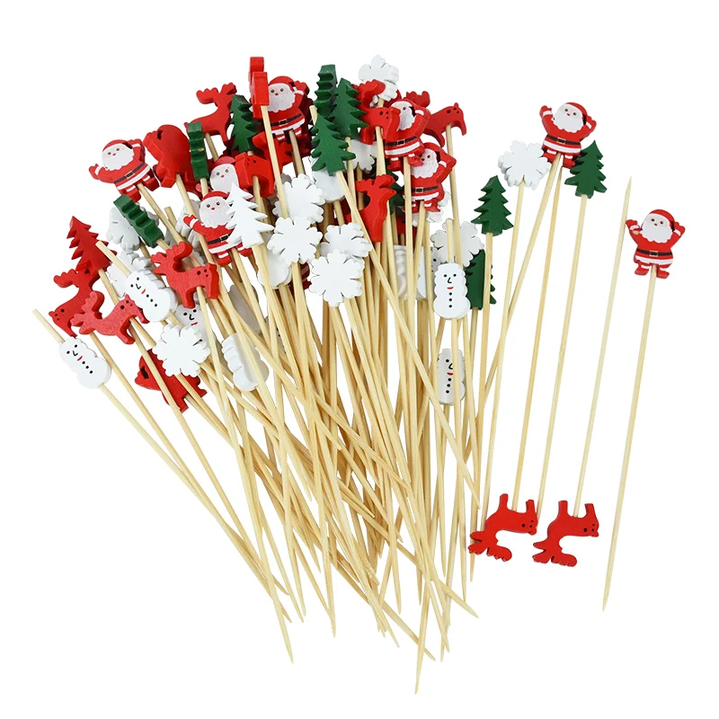 Christmas Tree Santa Claus Snowflake Bamboo Stick Disposable Xmas Food Fruit Picks 100Pcs food picks,food toothpicks