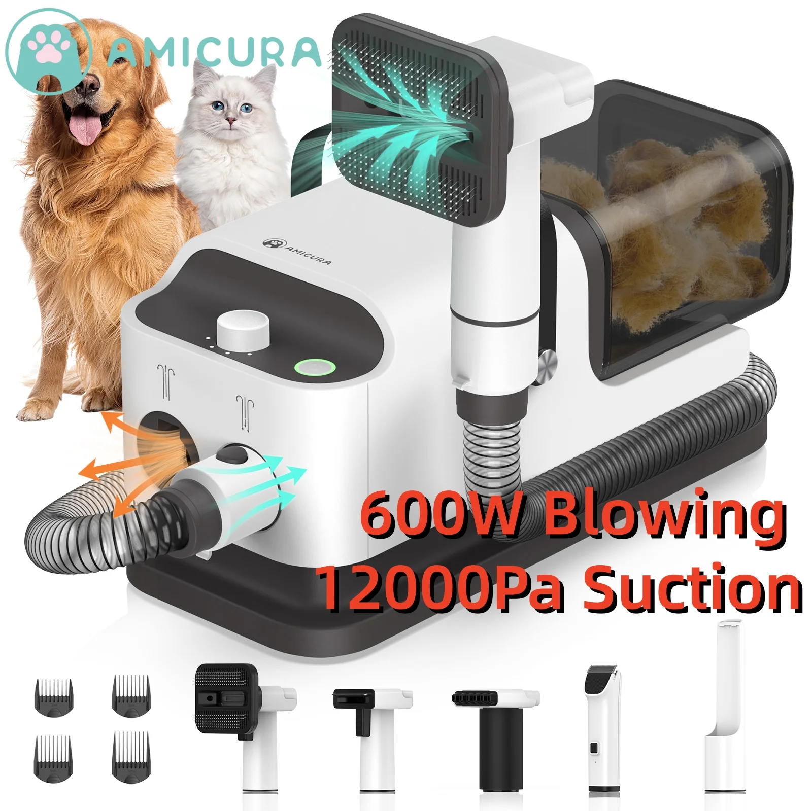 Amicura P1 Vacuum Cleaner Hair Dryer 15kpa Pet Grooming Set Adjustable Speed Temperature 5 Proven Care Tools Dog Clipper