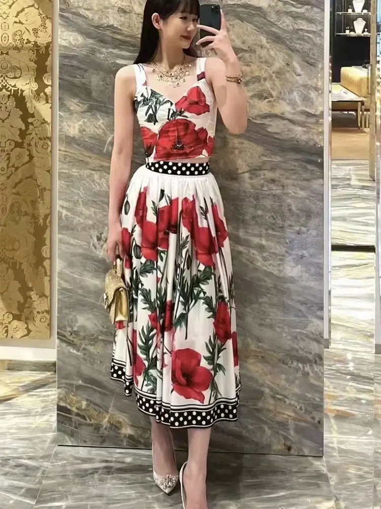 

Luxury printed V-neck vest suspender two-piece women's 2023 new + vintage wave dot large skirt hemline half skirt fashion suit