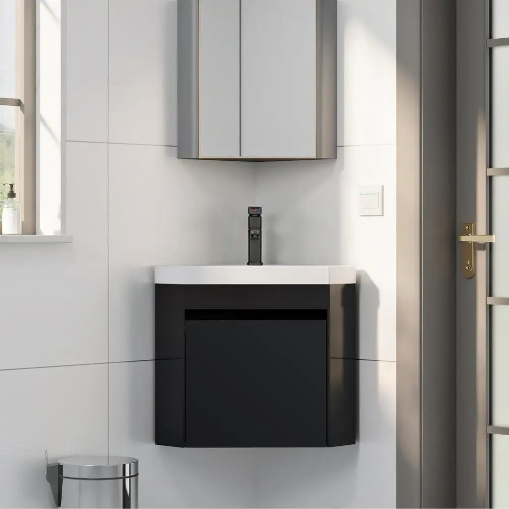 Corner Bathroom Vanity Sink Combo Wall Mounted with White Resin Sink Matte Black Faucet Space Saving Floating Design Durable MDF 3