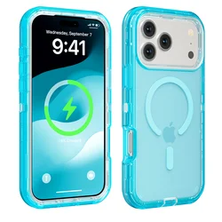 Rugged OTT Armor Magnetic Wireless Charging Clear Case with Enhanced Shockproof Protection - iPhone 15 Pro Max (Blue)