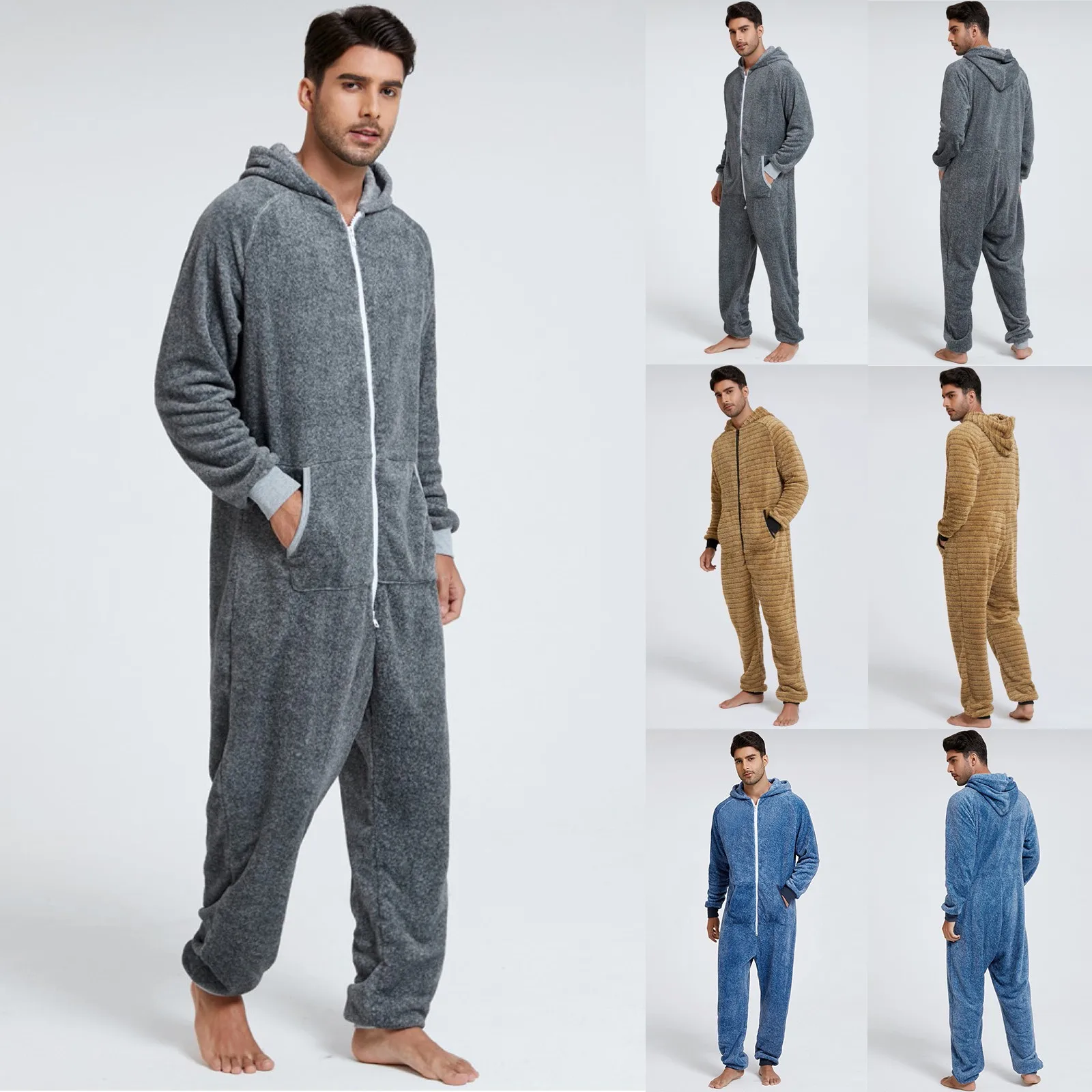 Men Warm Fleece Onesie Fluffy Sleep Lounge Adult Sleepwear One Piece Pyjamas Male Jumpsuits Hooded Sleepwear For Adult Male