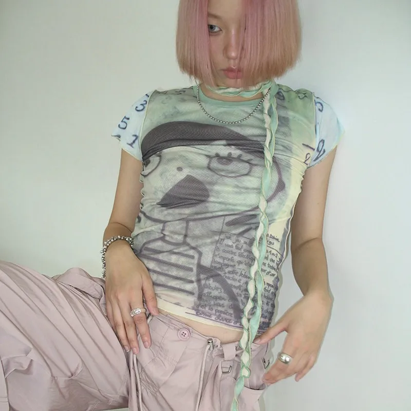 Karrcat Grunge Aesthetics Mesh Tops Y2k Cyber Graphic T-shirt Harajuku Fairycore Bandage Crop Top 2000s E-girls Sheer Tops Chic 6