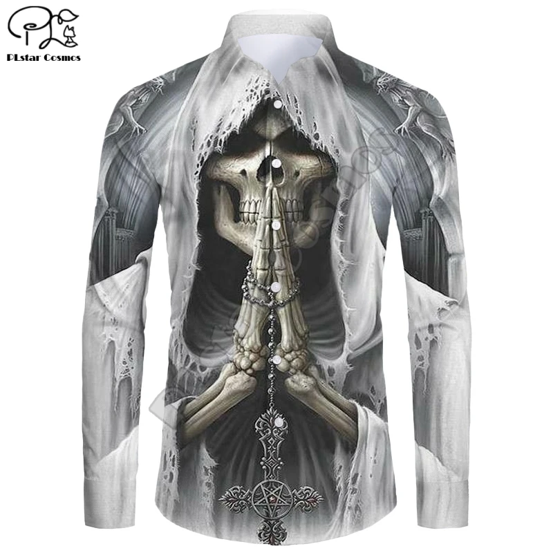 New Hawaiian Shirt 3D Printing Halloween Series Grim Reaper Skull Ghost Cat Long Sleeve Shirt Casual Unisex Shirt W-2