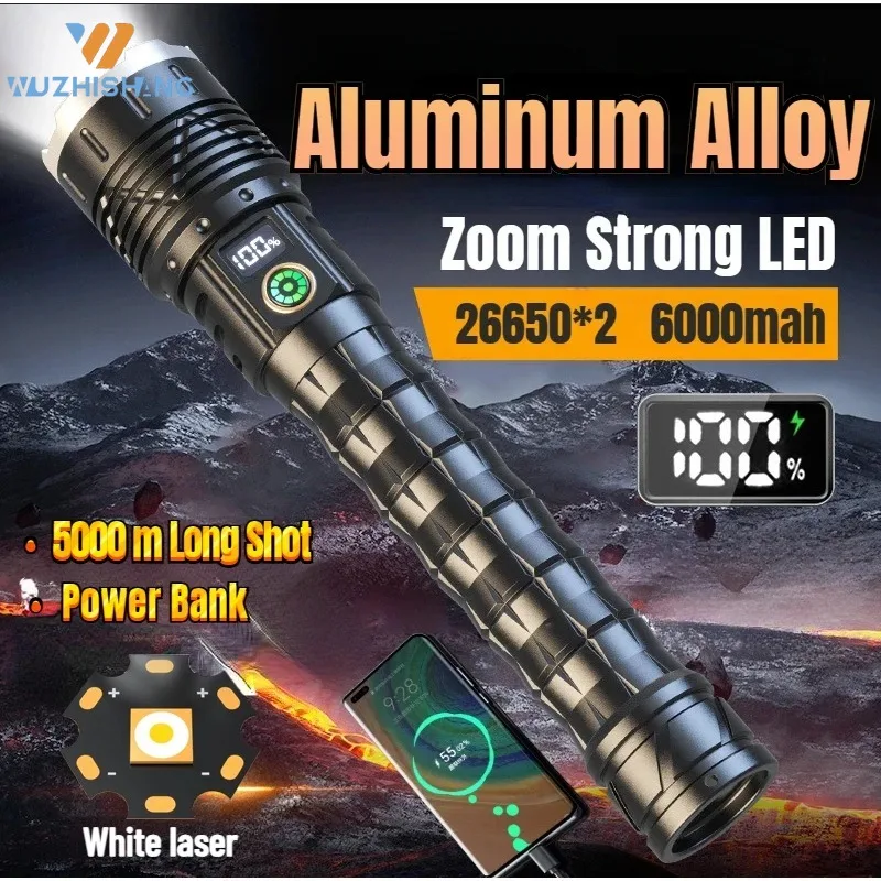 High Power White Laser LED Flashlight Waterproof Telescopic Zoom Torch USB Rechargeable Power Bank Camping Fishing Lantern