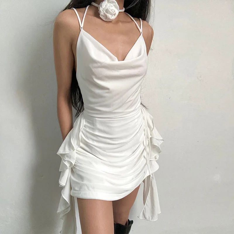Vestido sexy sin espalda para mujer, con volantes, pliegues, liso, ajustado, minivestido de fiesta para mujer, sexy, con escote en V y cordones.