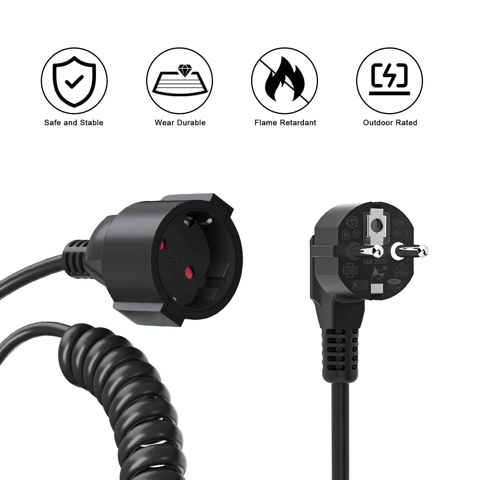 Telescopic PVC Spring Extension Cable, EU 2-Pin Plug to Socket, Black 13A 220V-250V
