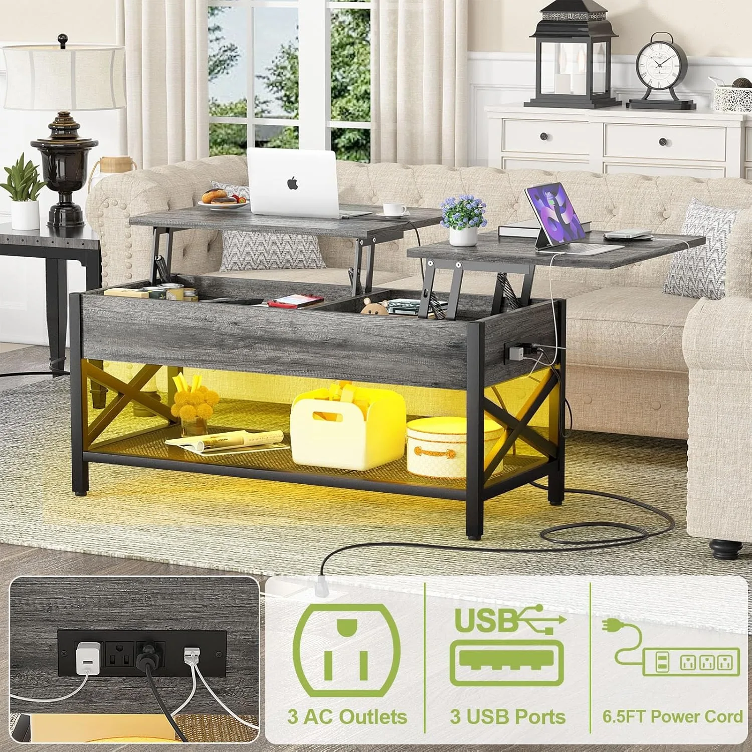 Coffee Table, Lift Top Coffee Table with LED light and Power Outlet, Modern Lift-Top Table with Storage Shelf, Metal Frame 5