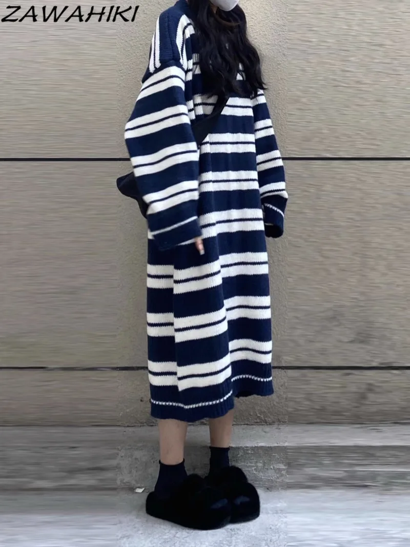 

Spring Autumn Loose Striped Casual Knitted Long Dress Women Chic Designed O-neck A-line Korean Long Sleeve Pullover Vestidos