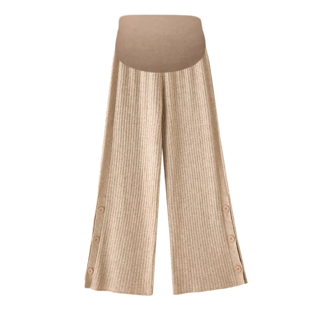 2024 Spring Japanese Style Maternity Woolen Trousers Side Split Button Fly Pregnant Woman Straight Pants Pregnancy Knitted Pants 5
