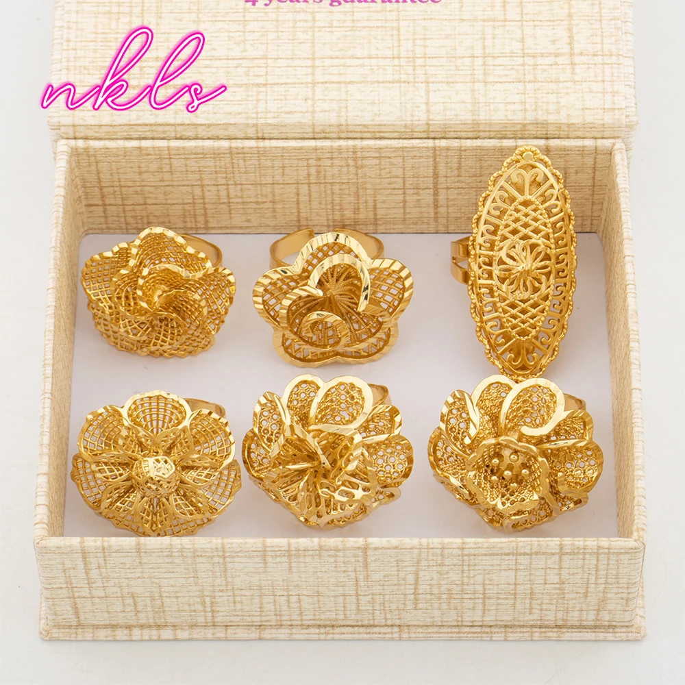 Luxury Gold Color Flower Rings Fashion Large Women Rings 18K Gold Plated Jewelry Dubai African Ethiopian Wedding Party Gifts