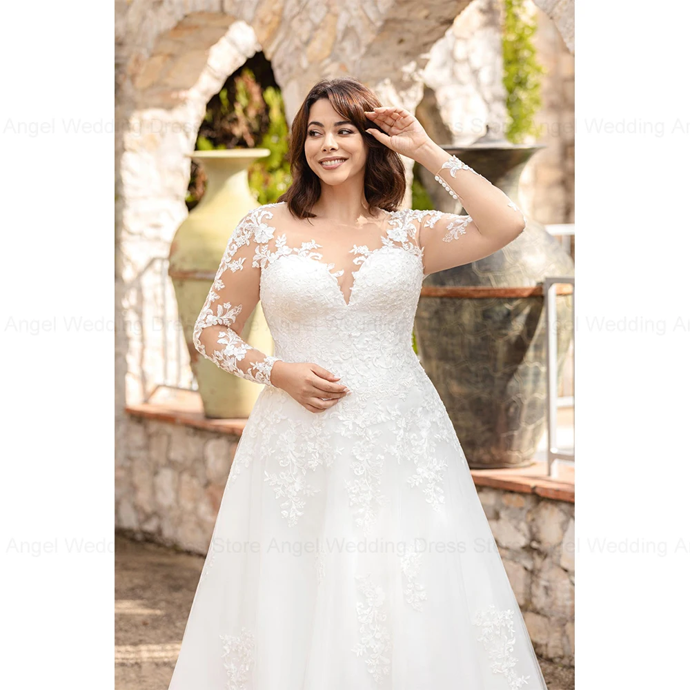 ANGEL Exquisite Plus Size Wedding Dresses 2024 A-Line O-Neck Lace Appliqued Illusion Bridal Gowns Long Sleeves Vestido de Novia 3