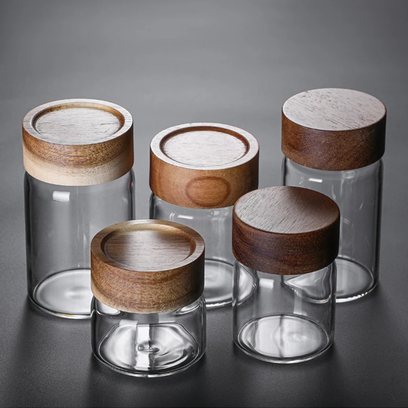 Glass Storage Jar Glass Storage Container Kitchen Storage Bottles Jar Wood Lid Glass Airtight Canister Sealed Food Container Tea Coffee Beans Grains Candy Jars Organizer