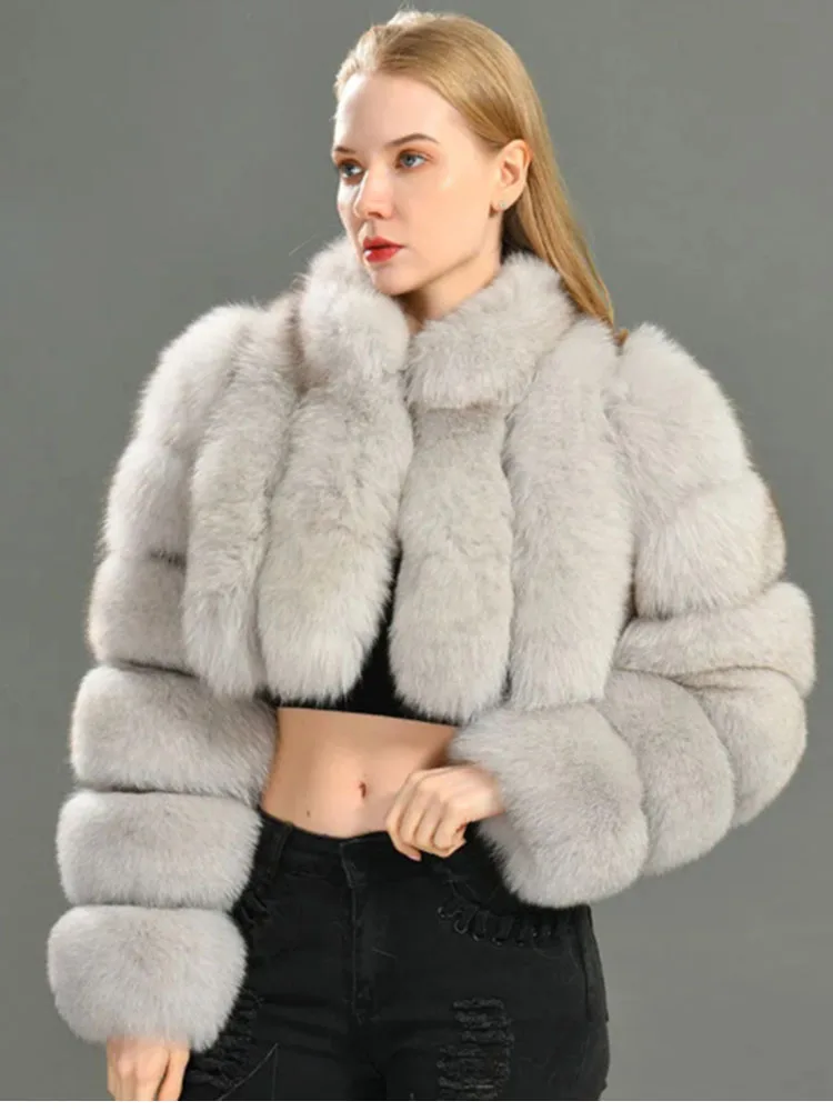 ZADORIN Fluffy Jacket Woman Vertical Stripes Stand Collar Cropped