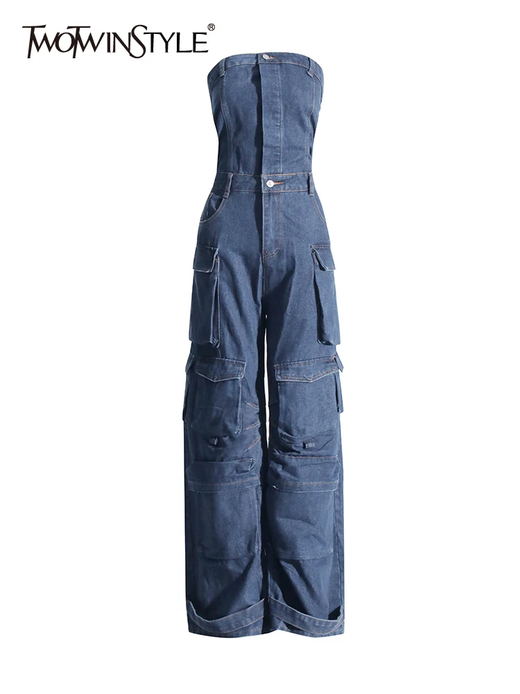 TWOTWINSTYLE Patchwork Pockets Streetwear Denim Jumpsuits For Women Strapless Sleeveless High Waist Casual Jumpsuit Female New women summer denim jumpsuit metal buckle strap large pockets women loose sleeveless straight jumpsuit dungarees streetwear