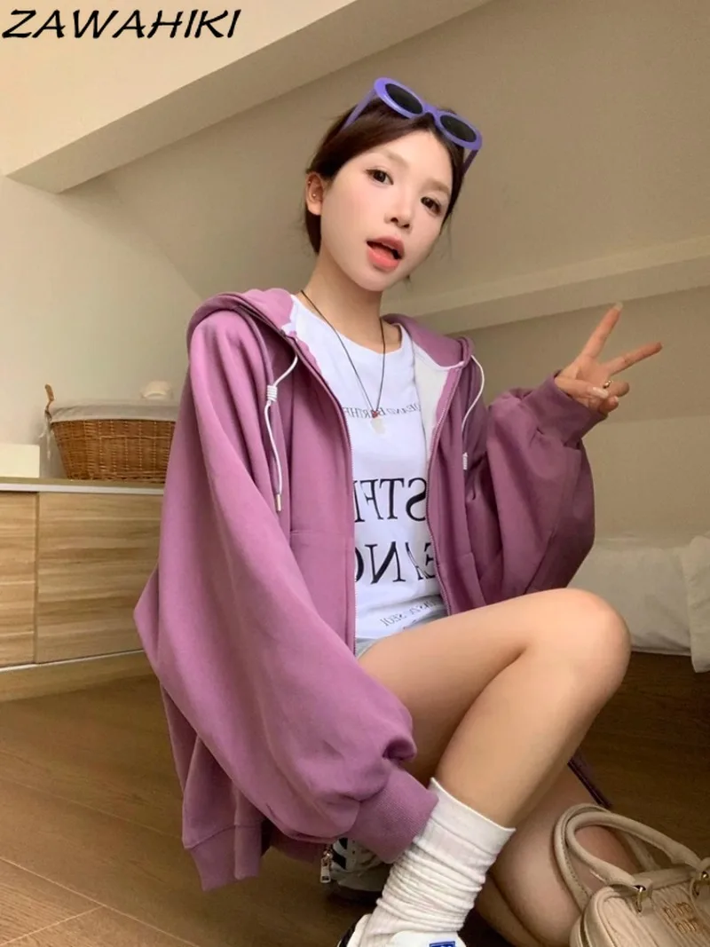 

ZAWAHIKI Solid Color Casual Minimalist Spring Autumn Long Sleeve Hoodies Sweatshirt Women Loose Designed Fashion Chic All Match