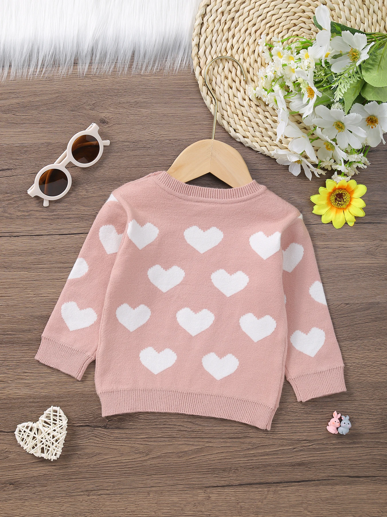 여아용 하트 자카드 니트 라운드넥 스웨터, 달콤하고 귀엽고, 스타일리시하고 다재다능한 따뜻한 스웨터, 해외 무역에서 인기