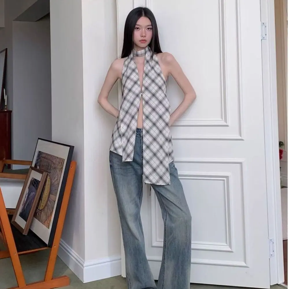 Korean Style Grid Halter Sleeveless Camisole Irregular Split Slim Crop Tops Spicy Girl Summer Suspender Vest Women Girl