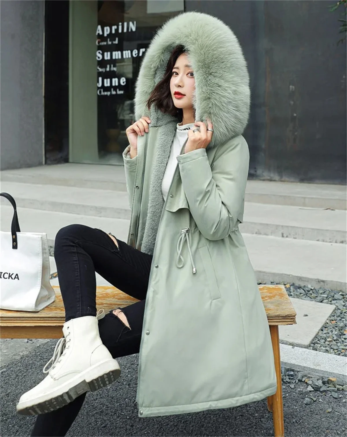 Winter Parka Jacket For Women 2024 New Long Sleeve Clothes Fashion Hooded Fur Collar Coat Thick Warm Casual Medium Length Coats 6